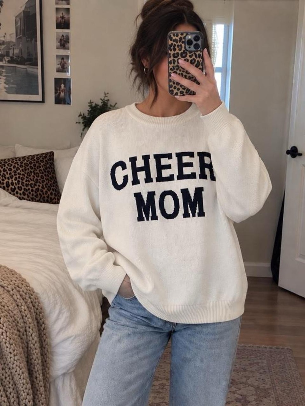 Dee Eloy Oversized Crewneck Sweater with 'CHEER MOM' Text